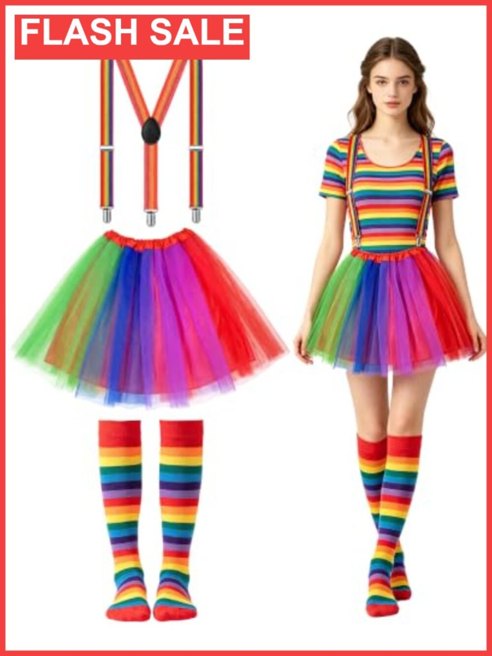 Rainbow Tutu Skirt Costume Set with Suspender & Tube Socks
